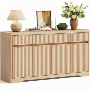 Sikaic 57 Inch Fluted Buffet Cabinet with Storage Natural Oak Modern Sideboard Credenza with 3 Drawers, 4 Doors & Adjustable Shelves summergarden