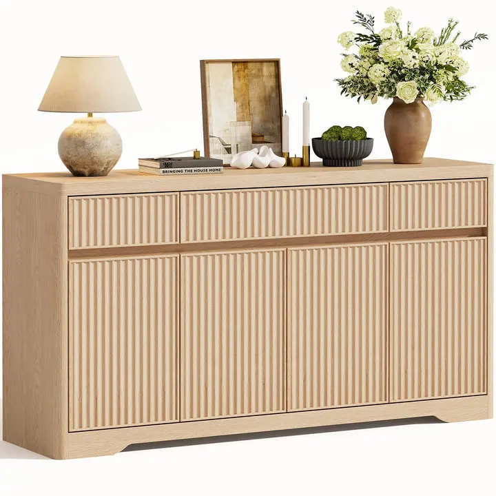 [SummerSale] Sikaic 57 Inch Fluted Buffet Cabinet with Storage Natural Oak Modern Sideboard Credenza with 3 Drawers, 4 Doors & Adjustable Shelves, Home Furniture, Dorm Essentials