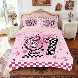 67 Internet Meme Themed 3-Piece Bedding Set (1 Duvet Cover + 2 Pillowcases, Without Filling) in Pink with Checkered, Leopard Print, Bow, and Other Patterned Elements. Soft and Comfortable, for Room Decoration, Perfect as a Gift. Soft Bedding Sets