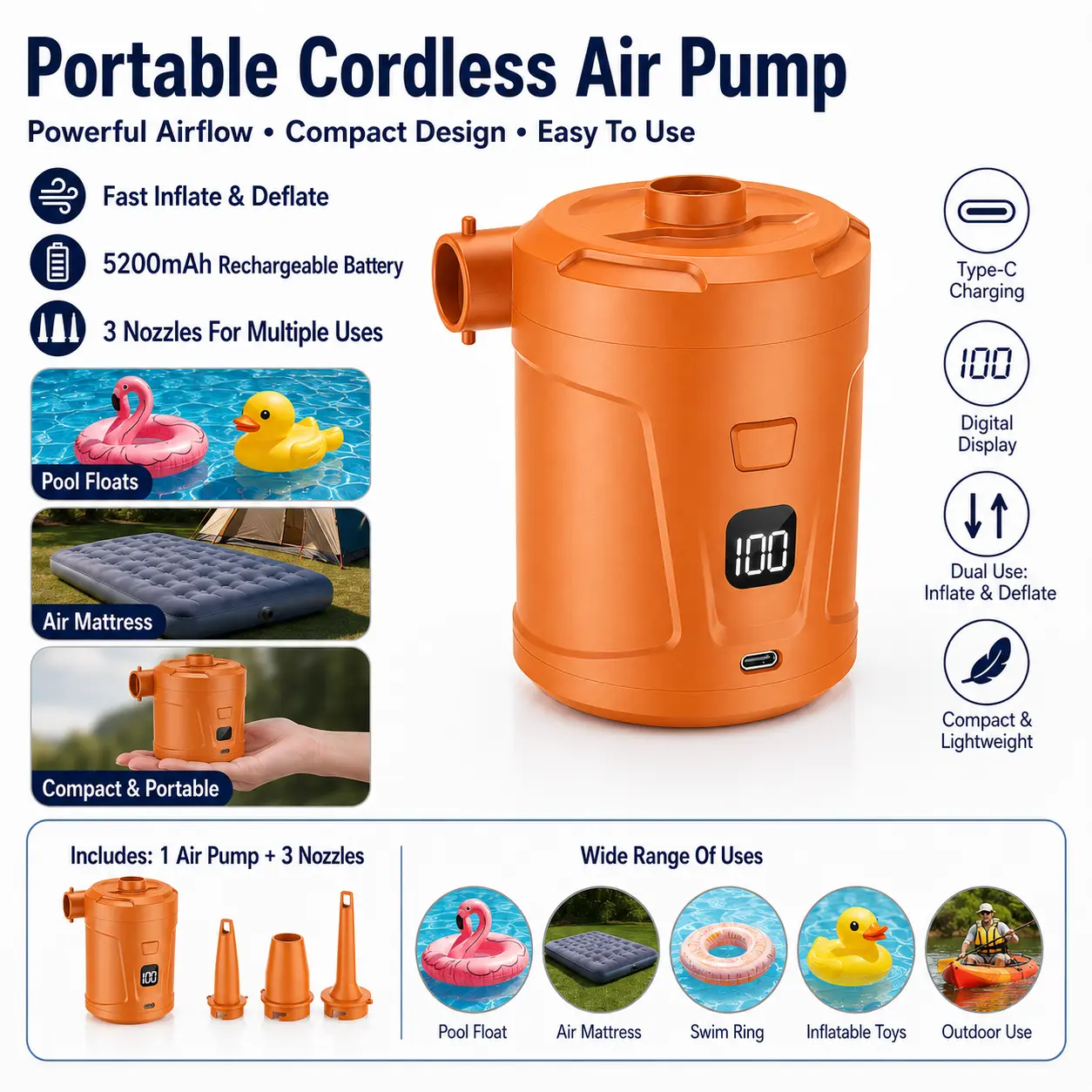 Cordless Electric Air Pump, 5000mAh Rechargeable Portable Air Pump with 4 Nozzles, Inflate & Deflate Pump for Air Mattress, Pool Floats, Swim Rings and Camping