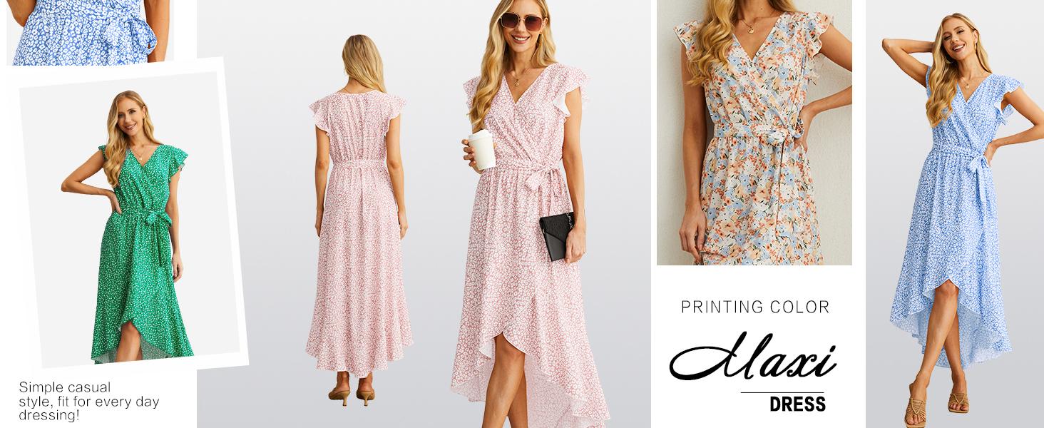 GRECERELLE Women's Spring Summer 2026 Boho Floral Print V-Neck Faux Wrap Maxi Dress for Wedding Guest Graduation Party