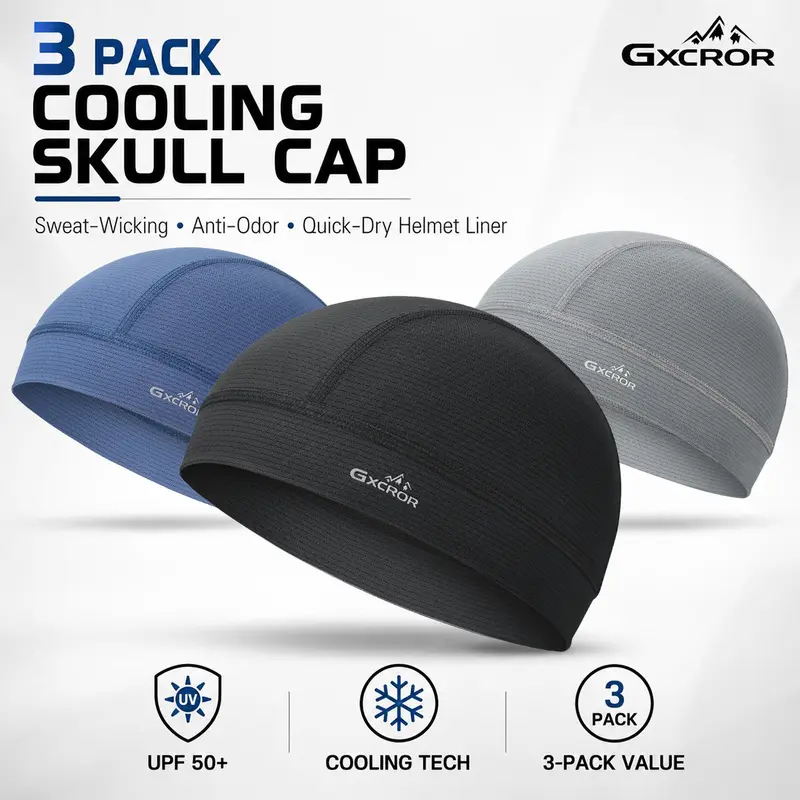 GXCROR 3-Pack Multifunctional Skull Caps - UPF50+ Breathable Polyester Outdoor Headwear, Anti-Bacterial Slim Fitting Caps, Sweat-Wicking Unisex Stretchy Helmet Hat, Adjustable Head Circumference, All Seasons, Cold Wash Safe