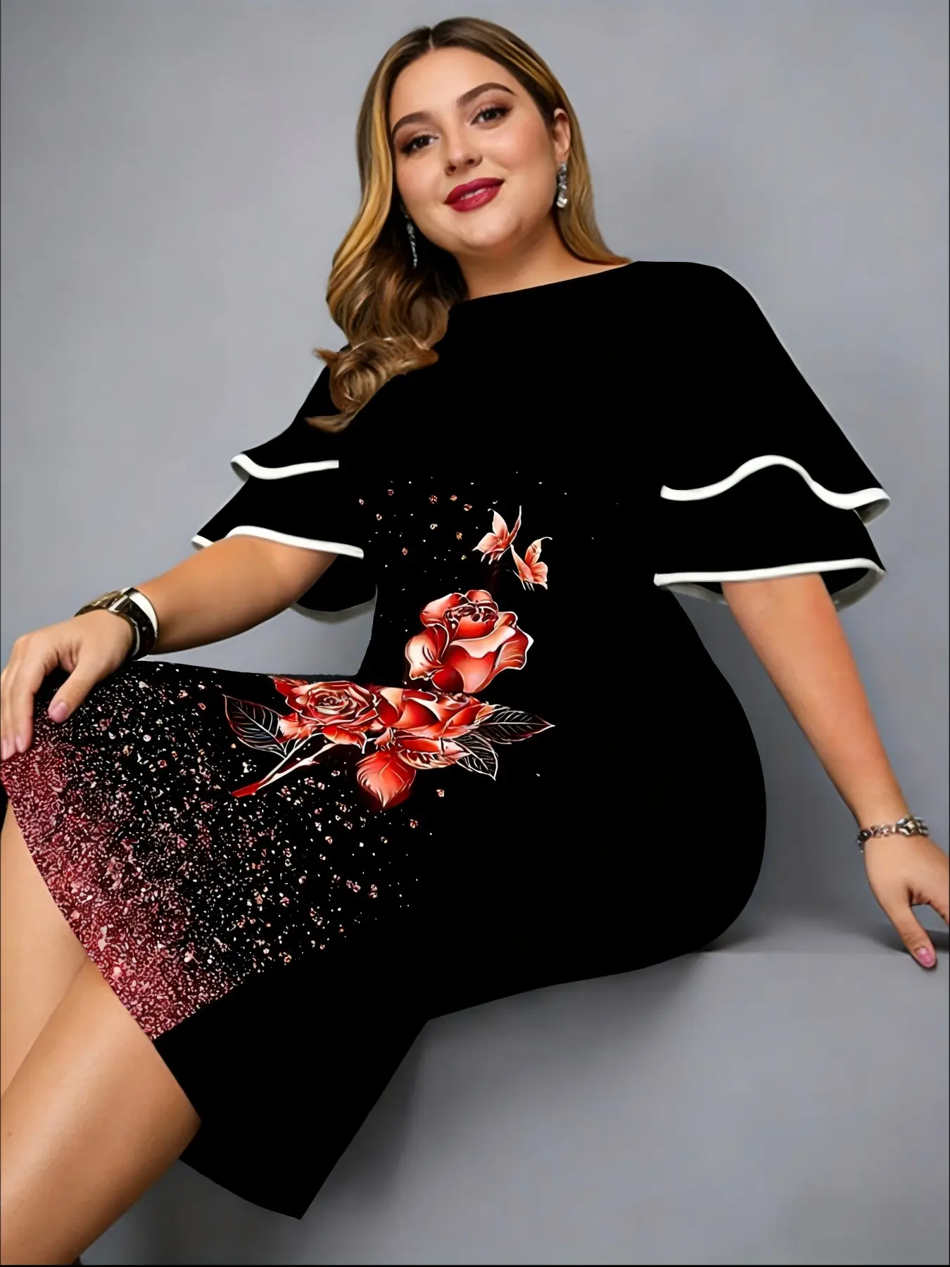 Elegant Chic Plus Size Midi Dress, Multicolor Rose Print, Round Neck,  Pleated Sleeves, Back Slit Design, Party Evening Wear Essential, Floral -  TikTok Shop