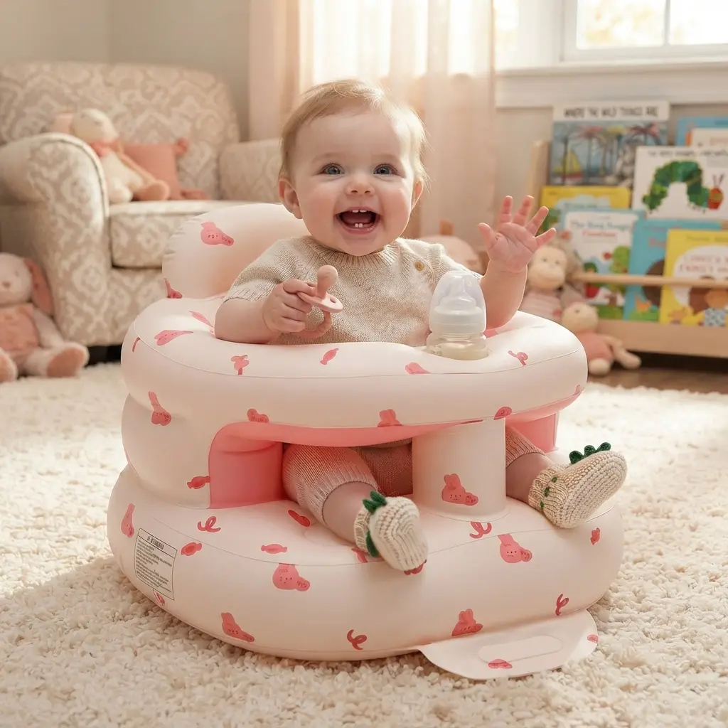 Upgraded Inflatable Baby Seat with Built-in Air Pump & Safety Guardrails, Thicker Ergonomic Floor Lounger for 3-36 Mth Babies, Portable Travel & Indoor Baby Items