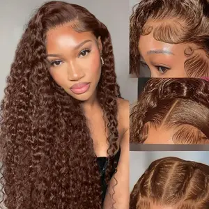 VRbest Chocolate Brown Deep Wave 13x6 HD Transparent Lace Front Wigs Brazilian Deep Curly Human Hair Wigs for Black Women Pre Plucked with Baby Hair 180% Denisty
