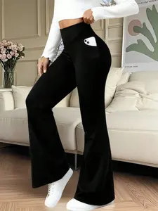 Plus Size Women's High Waist Solid Color Bell Bottom Sports Yoga Pants, Casual Sport Trousers, Compression Tights for Running & Workout, Comfortable Gym Wear, Casual High Waisted