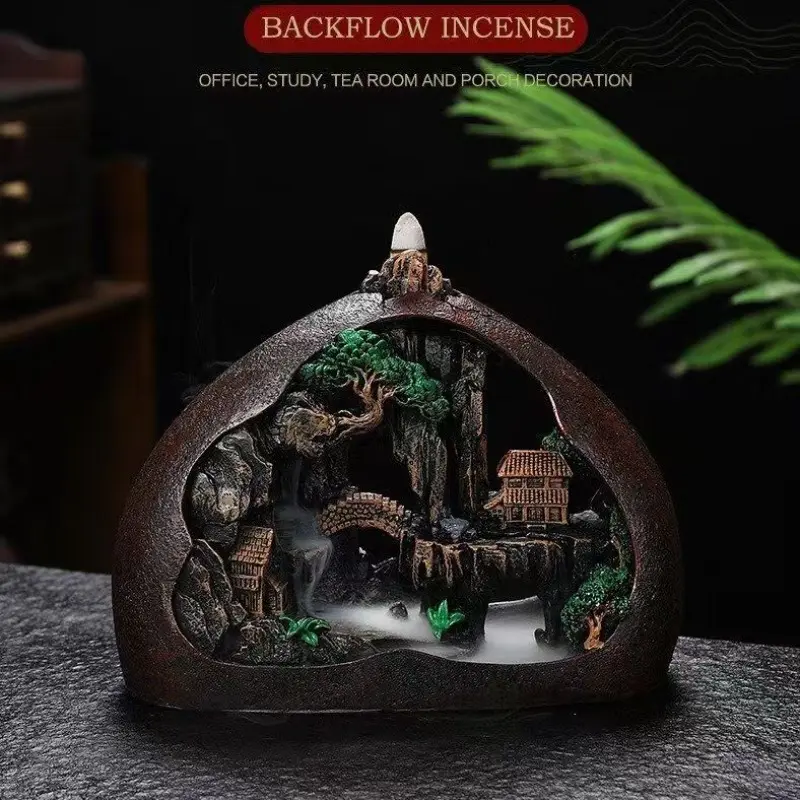 1pc, Smoke Waterfall Backflow Aroma Incense Burner Creative Home Decor Incense Holder Portable Resin Censer Mountain River Handicraft (Without Incense） Fragrance Calming Home Fragrance