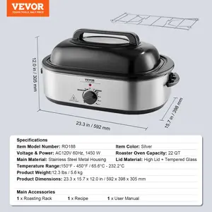 VEVOR Electric Roaster Oven, 22 QT Turkey Roaster Oven with Self-Basting Lid, 1450W Roaster Oven with Defrost Warm Function, Adjustable Temp, Removable Pan Rack, Fits Turkeys Up to 26LBS, Silver