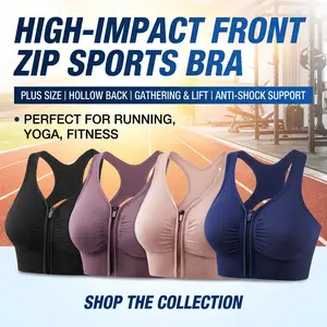 4PCS Plus Size Women's Sports Bra, Zip Front & Hollow Out Back, High Impact Support for Yoga & Fitness