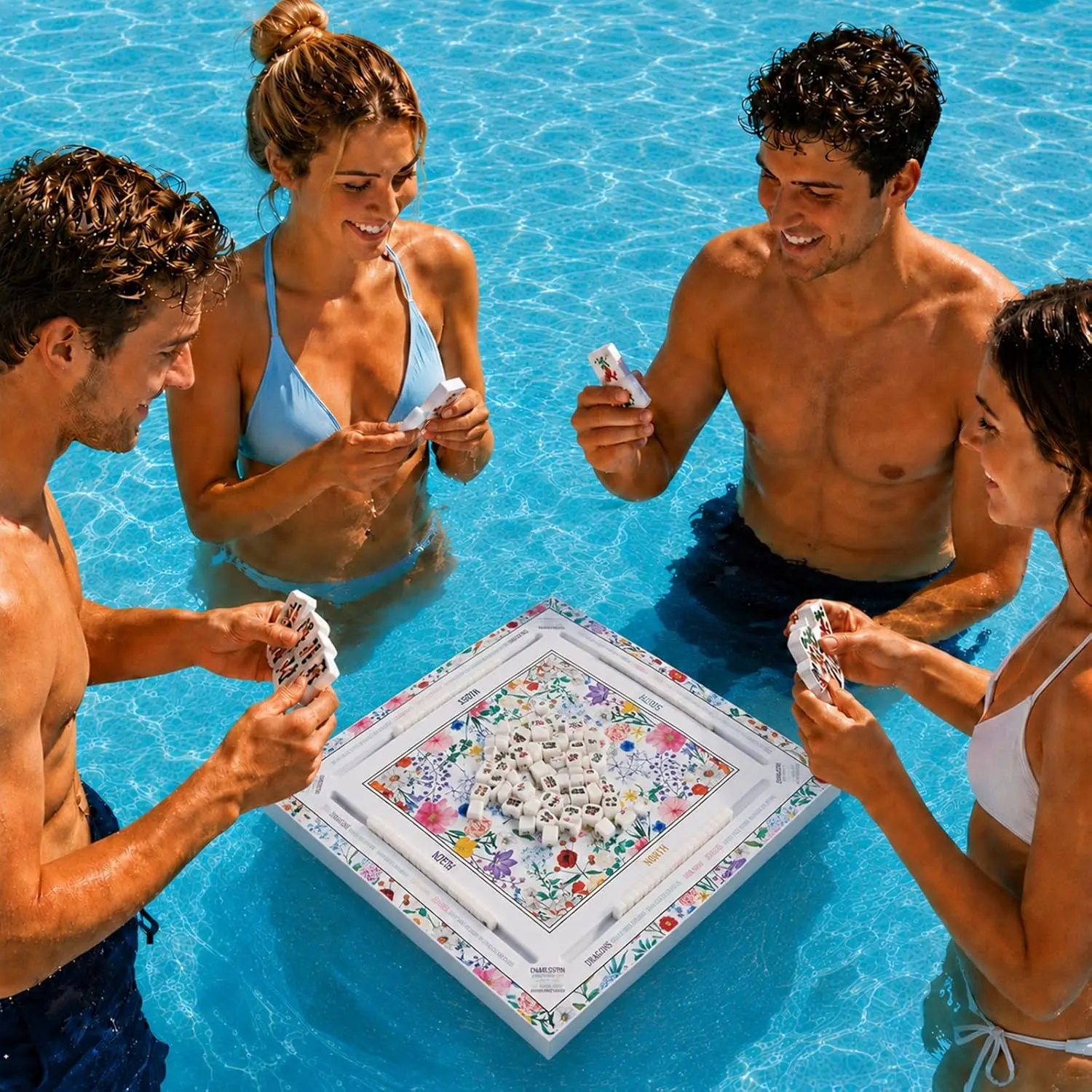 EVA Material Floral Floating Game Table (19.7x19.7x1.97in/50x50x5cm) for Adults - Card/Domino Ready, Standard Tile Fit, Easy to Carry, Frequent-Use EVA Tray for Pool, Hot Tub (Scrabble, Mahjong, Poker Compatible)