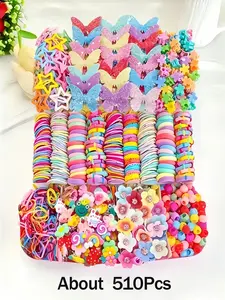 510 pcs/set Pink Butterfly Princess Hair Accessories Set, including high-elastic hair ties that do not damage hair, small rubber bands, star clips, flower clips, small claw clips, suitable for creative everyday hairstyles