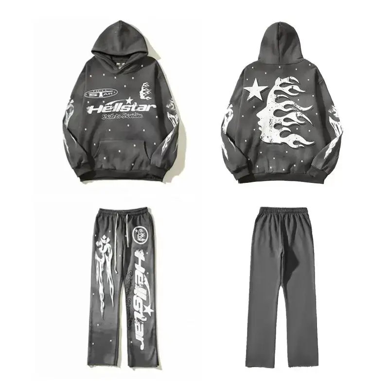 Hellstar Flame Hoodie & Sweatpants Set, Unisex Oversized Streetwear Tracksuit, Casual 2-Piece Outfit for Men & Women, Pullover Hoodie Jogger Set