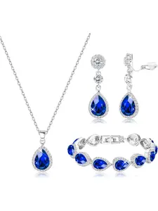 Bridal Jewelry Set Wedding Crystal Necklace Bracelet Clip On Earrings Rhinestone Pendant Teardrop Dangle Clip On Earrings Prom Bridal Party Bridesmaid Jewelry Set for Women