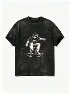 Men's Skate Culture Graphic Print T-shirt - Vintage Washed Retro Streetwear Tee with Casual Aesthetic Vibe, Pairable with Jeans