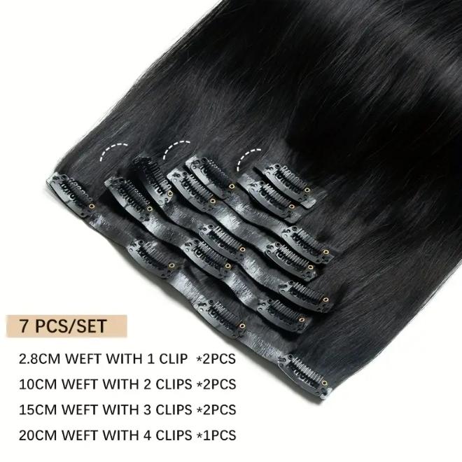 7Pcs Seamless Clip-In Straight Brazilian Remy Human Hair Extensions No Glue PU Clips 12-24 Inch 110-120g Natural Black Brown Blonde Adds Volume Length Quick Transformation Versatile Styling