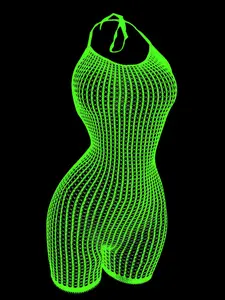 Women's Glow in The Dark Fishnet Cover Up Romper, Casual Hollow Out Romper for Music Festival, Ladies Swimwear for All Seasons, Swimsuit Cover Up, Mesh Cover Up