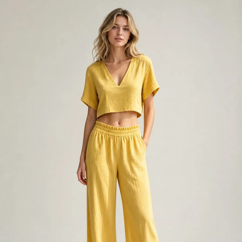Women's 2-Piece Crop Top & Wide Leg Pants Set - V-Neck Short Sleeve Cropped Tee, Elastic Waist Long Trousers with Lace Hem Trim, Solid Color Slimming Outfit for Daily, Vacation Wear (2026 Summer Chic Street Casual Style)