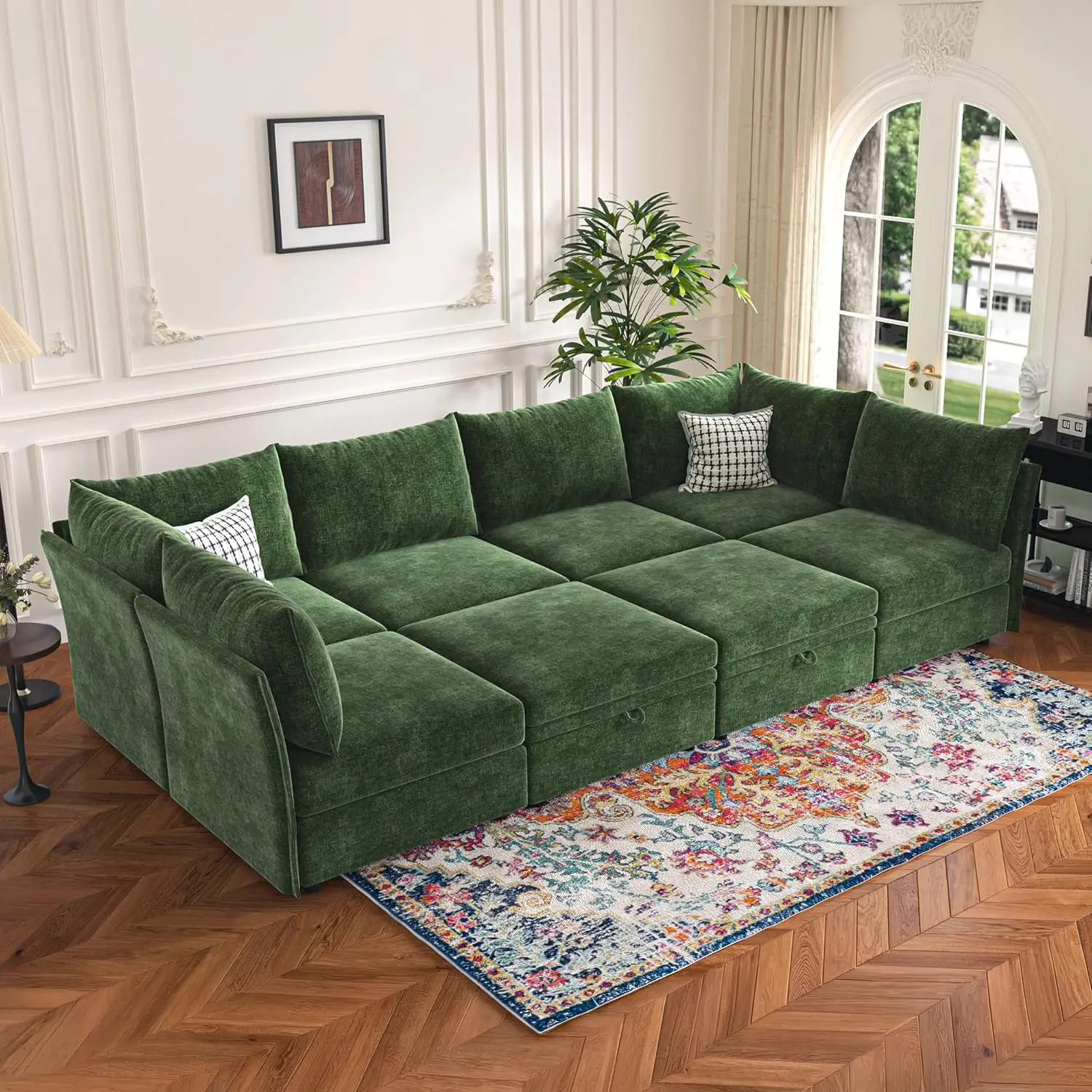 ABCASA 136.4in U-Shaped Modular Sectional Couch - Upholstered Soft Chenille 8-Seat Deep Seat Corner Sofa Bed (4+4) with Movable Ottoman, Convertible Sleeper, Sturdy Cushioned Frame, Curved Springs for Living Room, Assembly Required, Modern Design