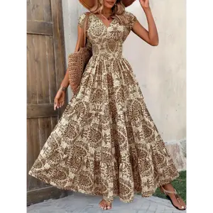 Women's Vintage Floral Print Sleeveless Off-the-Shoulder V-Neck Loose-Fit Knitting Casual Dress - Adjustable Waist Tie, Side Slit, Breathable Polyester Clothes, Machine-Washable, Elegant, for Party, Resort Weddings, Spring Summer Fall, Knitting Casual Dre