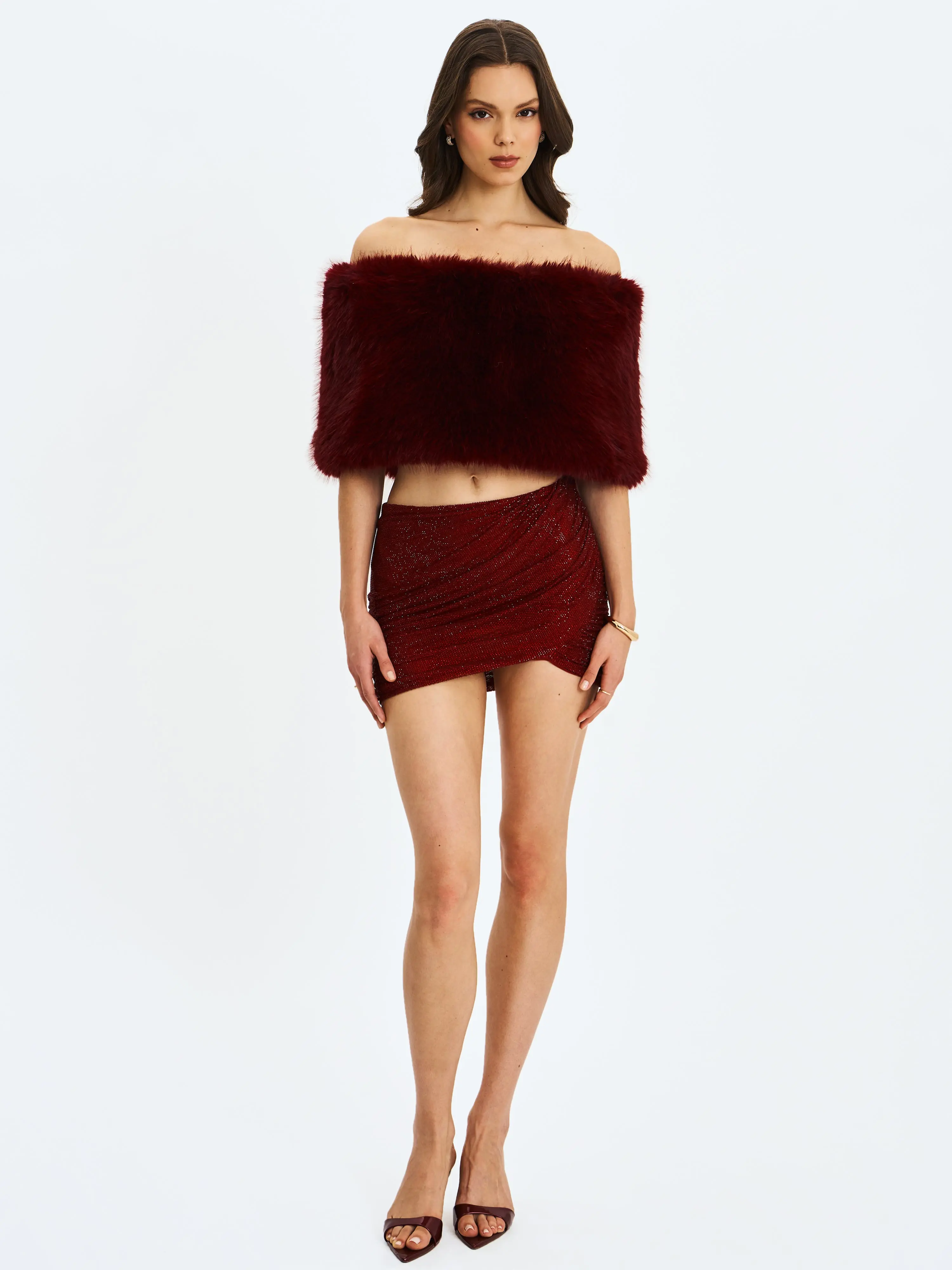 Darleen Crimson Rhinestone Mesh Low Waist Ruched Skirt