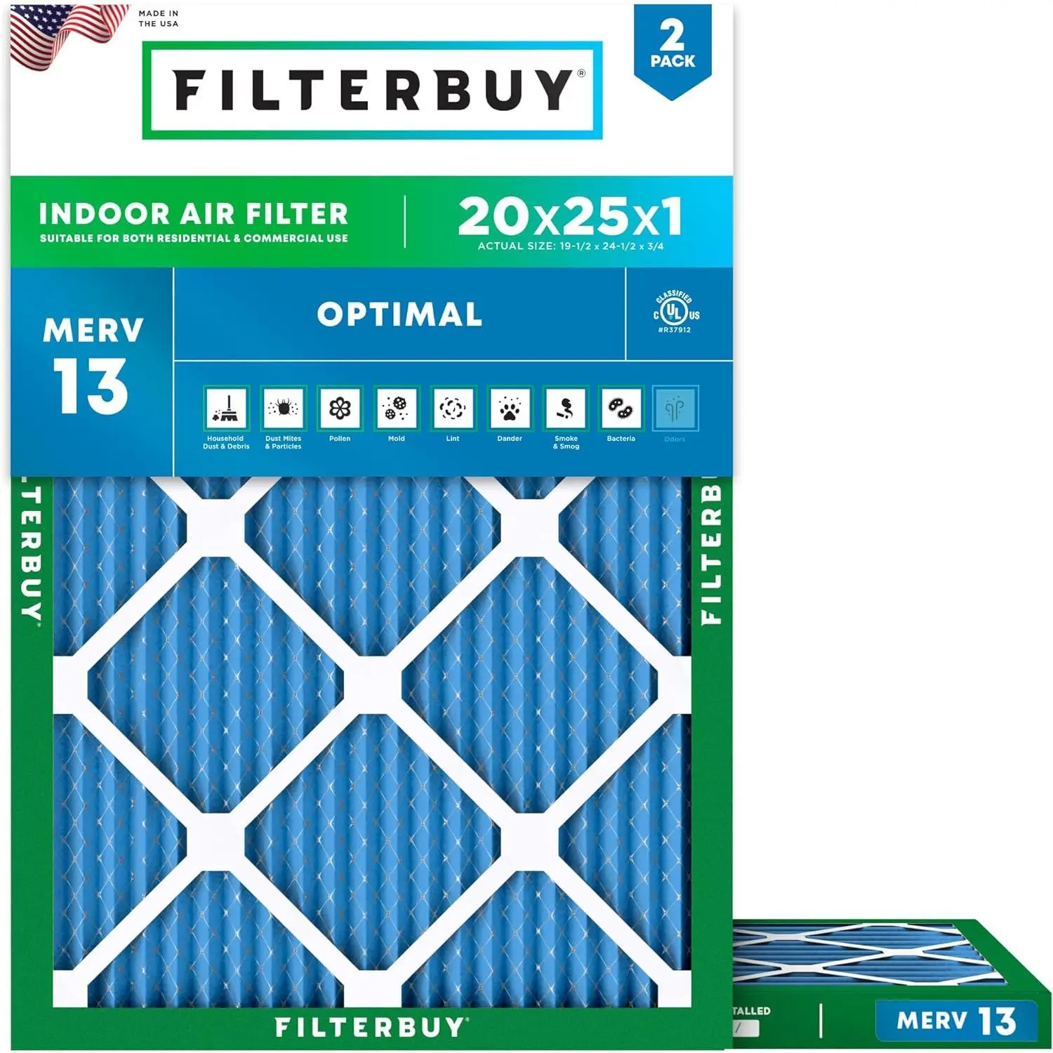 Filterbuy New 20x25x1 Polypropylene Synthetic HVAC AC Furnace Air Filter (2-Pack Value) - Electrostatically Charged Pleated MERV 13 Optimal Defense, Slide-In, Actual Size 19.50x24.50x0.75in, Endures Temperatures Up to 200°F, Moisture-Resistant, Eco-Friend