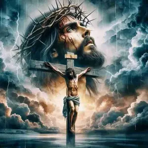 Jesus Christ With Crown of Thorns & Crucifixion, Stormy Sky With Lightning Religious Faith Art 5D Full Drill Round & Square Diamond Painting Kit, DIY Rhinestone Cross Stitch, Spiritual Christian Wall Decor For Church Home, Sacred Belief Handmade Gift