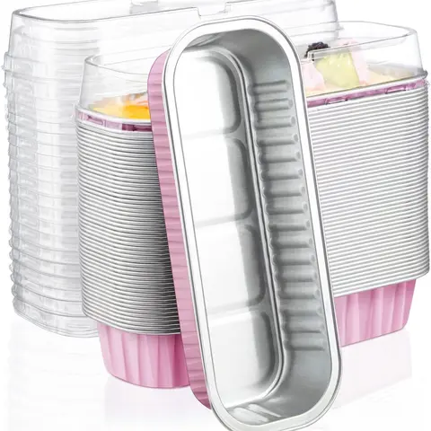 Cupcake Liners with Lids, 30pcs 6.8oz 6.5"x2.5"x1.2" Aluminum Disposable Foil Mini Loaf Pan Tin with Lids，Cupcake Baking Cups Ramekins Containers, Dessert Cheesecake Creme Brulee Ramekins Pan