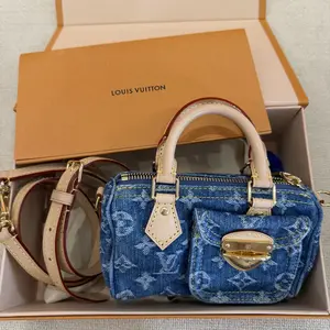 Pre-owned Louis Vuitton Blue Denim Monogram Nano Speedy Mini Bag with Pocket Crossbody Strap full set