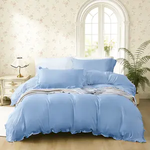 Romantic Simple Solid Color Ruffle Trim Bedding Set, Includes 1 Duvet Cover + 2 Pillowcases, Soft Comfortable, Blue, Bedroom Dorm Hotel Use, Soft Bedding Sets