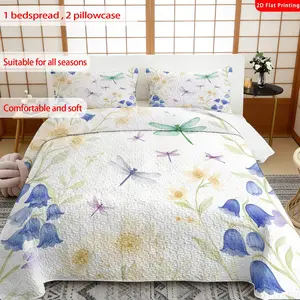3pc Bedding Set, 2D Colorful Floral Dragonfly Print, Soft Comfortable Bed Sheets, Durable Material, All Seasons, Ideal Gift