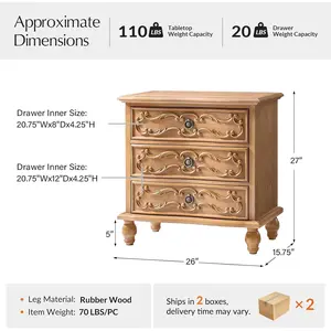 HULALA HOME Solid Wood Nightstands Set of 2 with Charging Station, Traditional 3 Drawer Nightstands with Metal Knobs, Bedside Tables for Bedroom Living Room, Manchurian Ash Wood Veneer, Oak