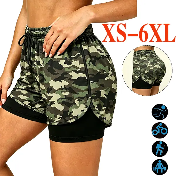 Plus Size 2-in-1 Women's Athletic Shorts - Camouflage Quick-Dry Stretch with Anti-Chafing Lining for Running & Fitness, Athletic Shorts Women, Anti-Chafing Women's Sports Shorts