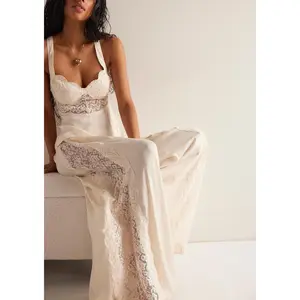 Womens Casual Pants Loose Fit Stylish Solid Color Lace Patchwork Side Drawstring Mid Rise Wide Leg Trousers （Only including pants）