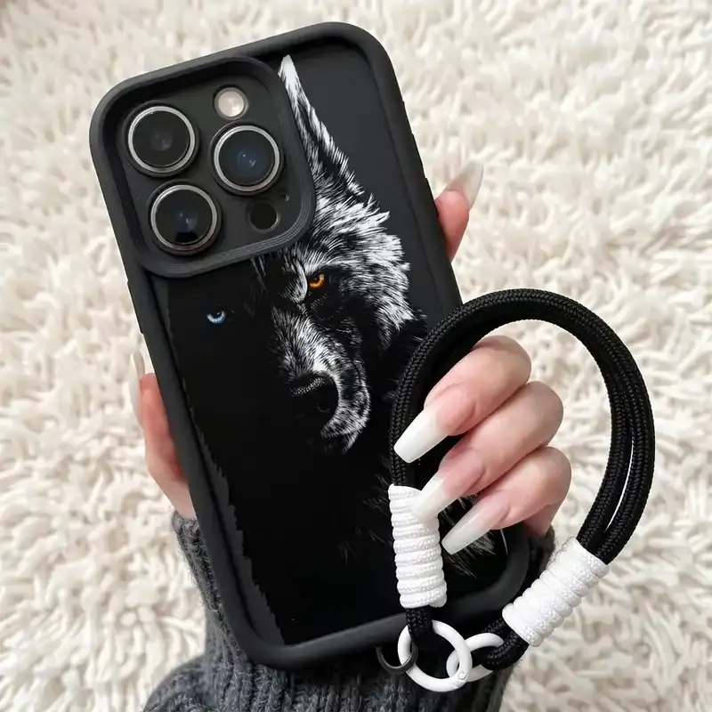TPU Silicone Smartphone Case with Lanyard for iPhone 17 Pro Max,16,16e,15,14 Plus,13,12 Mini,11,Air,X,XS - Straight Edge, Shockproof Drop Protection, Rugged Durable Cover, Creative Wolf Head 2D Print, Handheld Cellphone Devices Accessory Gift