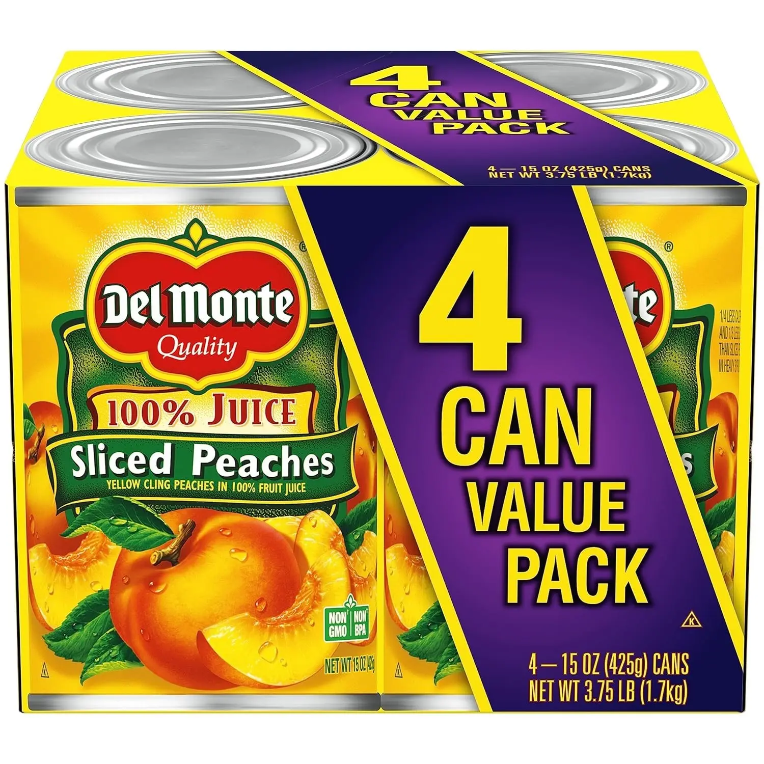 Del Monte Yellow Cling Sliced Peaches in 100% Juice, Canned Fruit, 4 Pack, 15 oz