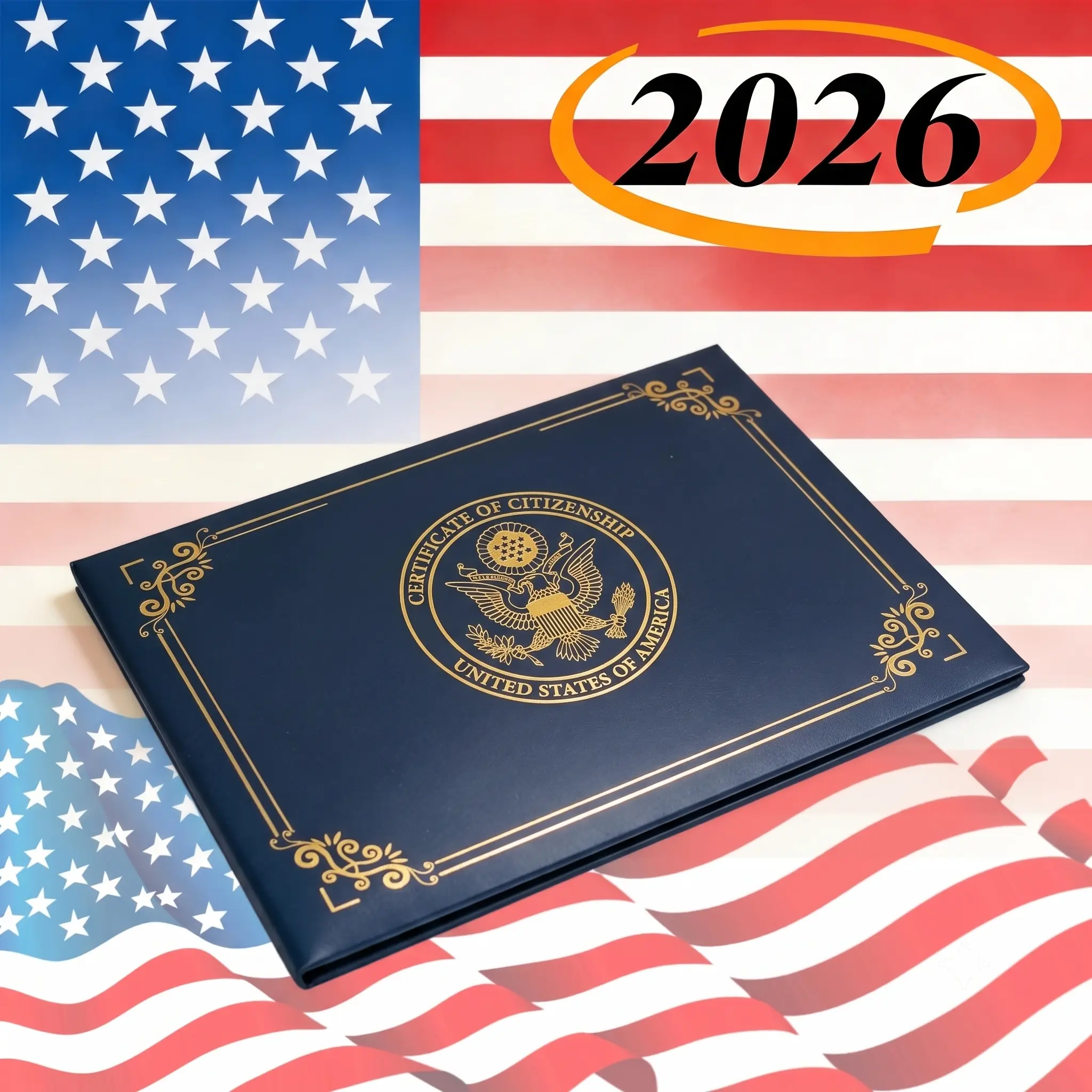 US Citizenship Certificate Holder & Passport Cover, Naturalization Certificate Frame Folder with Gold Foil Embossed Navy PU Leather, Padded Protection for 8.5x11 & 2018-2026 Documents