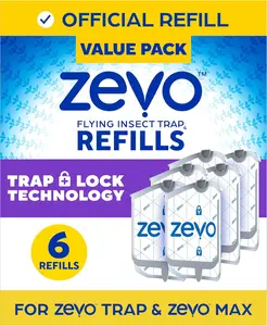 Zevo Flying Insect Trap Refill - for The Zevo MAX & Standard Indoor Fly Trap - Catch Gnats, House & Fruit Flies - Easy to Use - Mess-Free Disposal (6 Refill Cartridges)