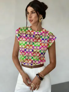 Geometric Pattern Colorblock Print Round Neck Short Sweater, Casual Sleeveless Knitwear for Spring Summer Fall, Comfortable Warm Women's Clothing, Womenswear