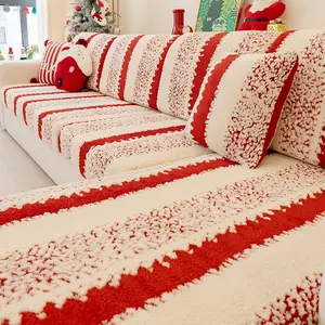 Christmas Striped Plush Washable Sofa Slipcover, Holiday Atmosphere, Pet Friendly Non-Slip Couch Protector, Reusable Cat Scratch Resistant, Sofa Couch Covers