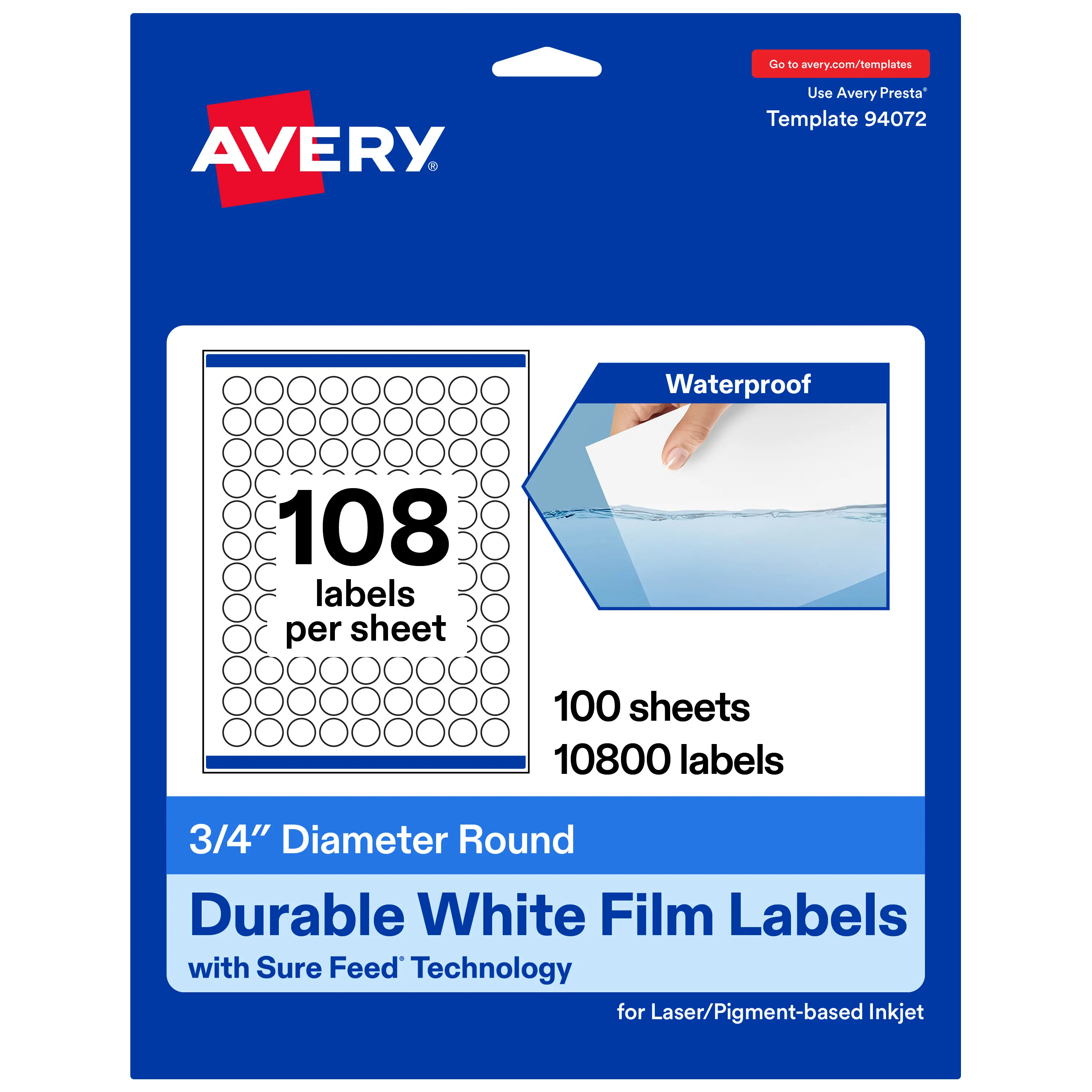 Avery® Durable White Round Waterproof Labels, 0.75" Diameter, Laser/Pigment-based Inkjet Printer Compatible, 10800 Printable Labels Total, Great for Branding, Packaging, and More