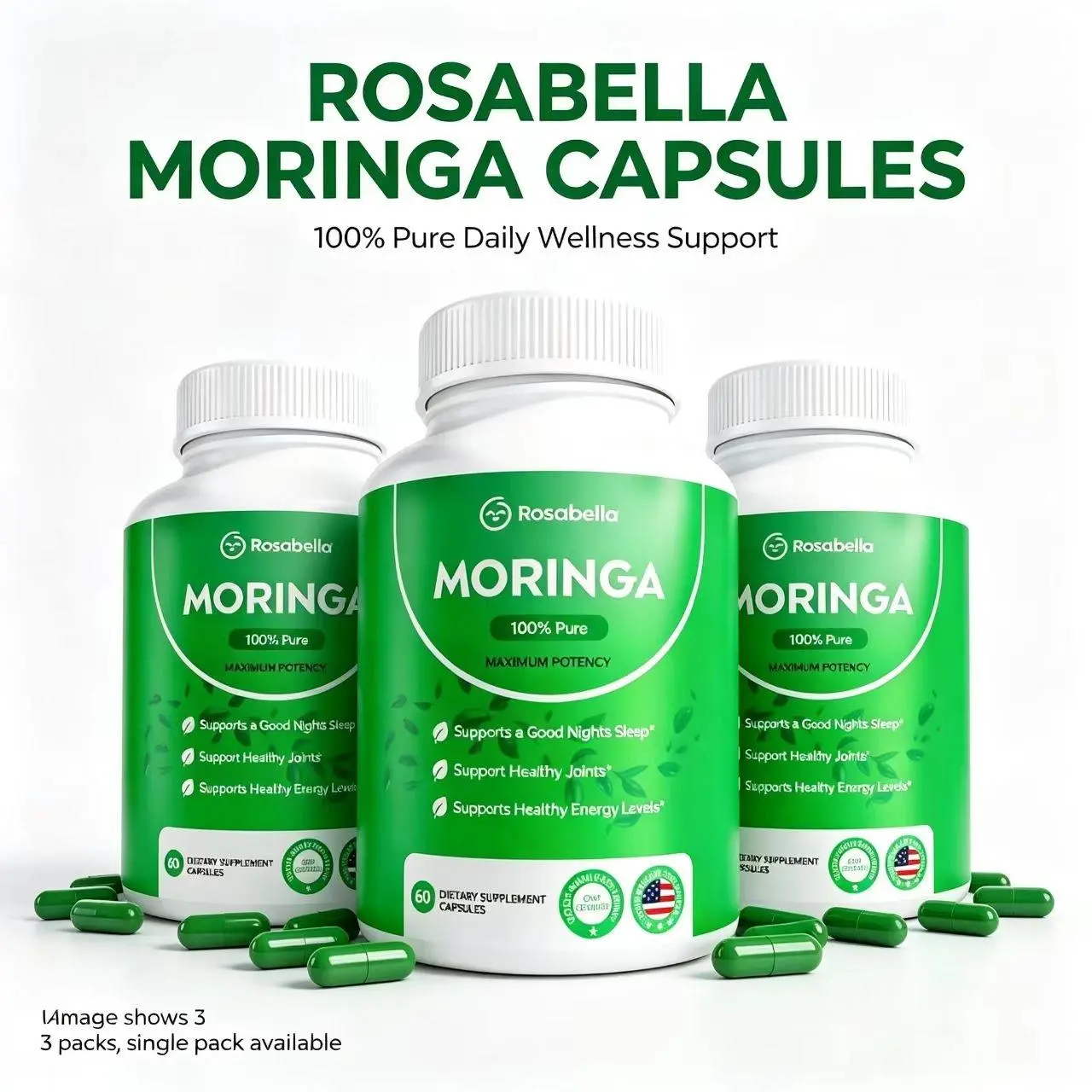 3 x Rosabella Moringa Powder Capsules (800mg) for Immune Support, Gut Health & Vitamins - Increase Focus & Memory,Reduce & Relieve Inflammation,Improve Gut Health,Boost immunity -120 Count Healthcare Dietary