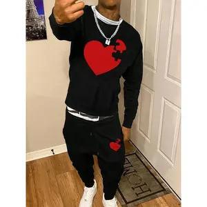 Men's Heart Print Sweatshirt & Drawstring Waist Sweatpants Set, Regular Fit Casual Long Sleeve Round Neck Pullover & Pocket Jogger Pants, Men's Fall & Winter Clothes Valentine's Day, gift