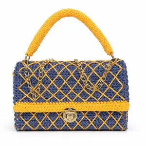 Madan Marye Crochet Top-Handle Bag Featuring Vibrant Yellow Accents & Durable Yarn polyester Construction in Gray and Orange