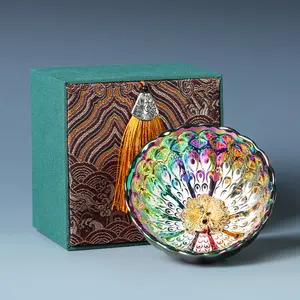 Master Li's Jianzhan Seven-Color Tea Cup Kiln-Transformed Host Cup Golden Peacock Lotus Cup with Vibrant Peacock Feathers and Elegant Packaging