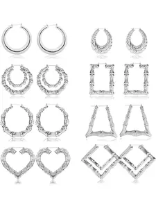 8 Pairs Silvery Modern Bamboo Structure Earrings for Women Men Assorted Shape Bamboo Loop Alloy Stainless Steel Earrings Statement Big Hoop Earring Hip-Pop Cool Style Designer Jewelry Party Wear Accessory Modern Metallic Luster Classic Bamboo Structure