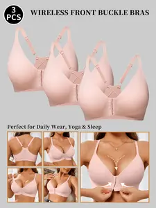 3/4 Piece Set Comfortable Seamless Front Buckle Jelly Bra, Push-Up Design, No Underwire, Adjustable Straps, Women's Lingerie