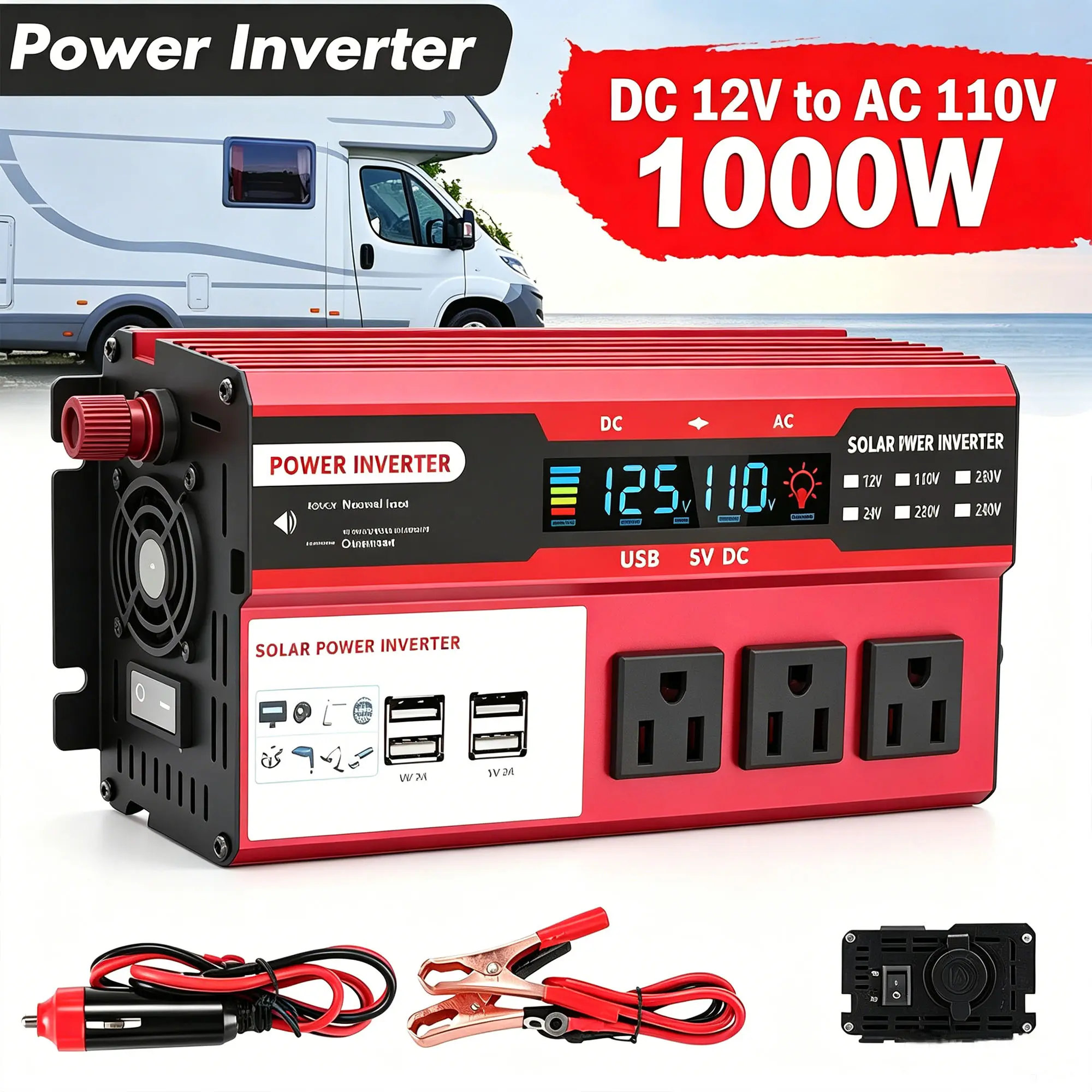 Fast Charging 1000W Peak Pure Sine Wave Inverter DC 12V to 110V, LCD Display Power Converter for Vehicle, RV, Truck & Outdoor Activities