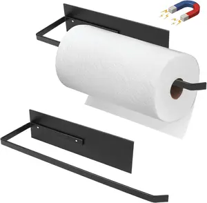 Black Paper Towel Holder, Magnetic Paper Towel Holder for Fridge, Toilet Paper Roll Holder Magnet Towel Rack Wall Mount Fridge Organizer for Paper Towels Rolls Bathroom Pantry RV Kitchen Storage