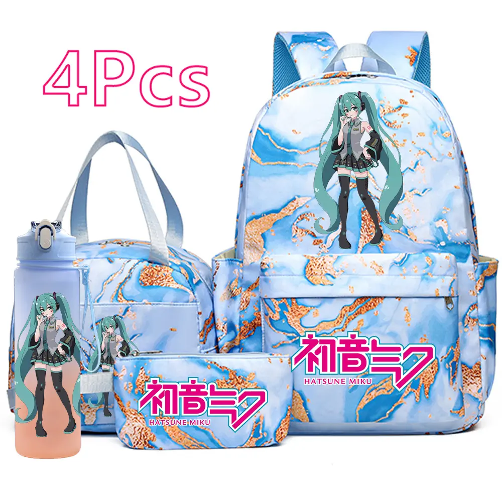 Hatsune Miku School Backpack Set for Girls - Blue Marble Gold Glitter Anime Character Bookbag 4PCS Bundle with Lunch Bag, Pencil Case & Water Bottle, Large Capacity Travel Bag