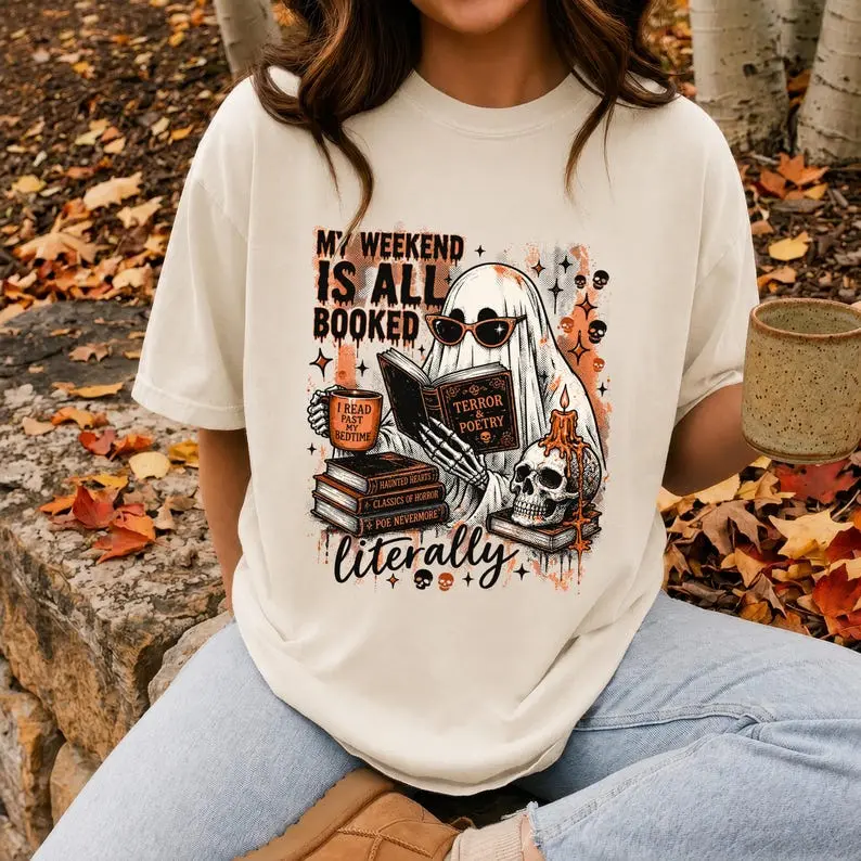 All Booked For Fall Reading Ghost Reader Shirt Bookish Halloween Spooky Season Dark Academia Book Lover Gift Comfort Colors Tee